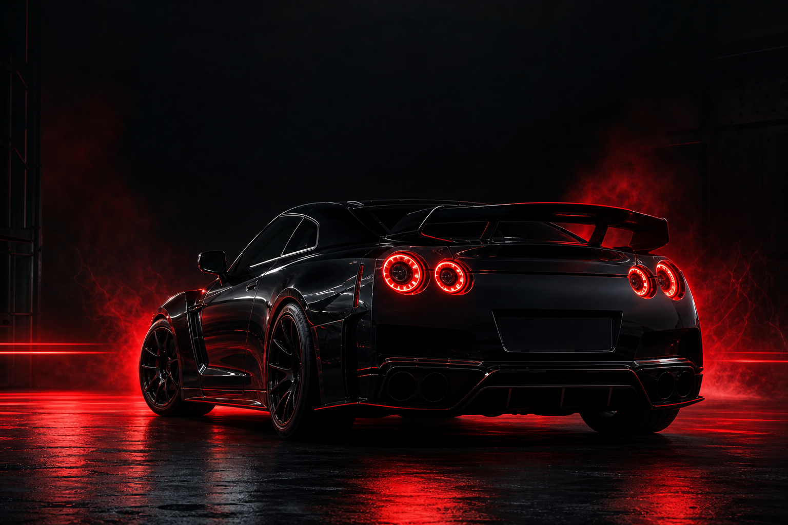 Black performance car with red lighting