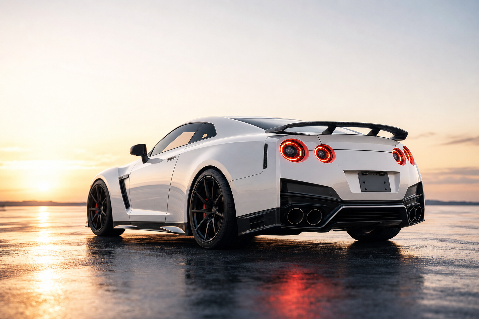 White performance car at sunrise